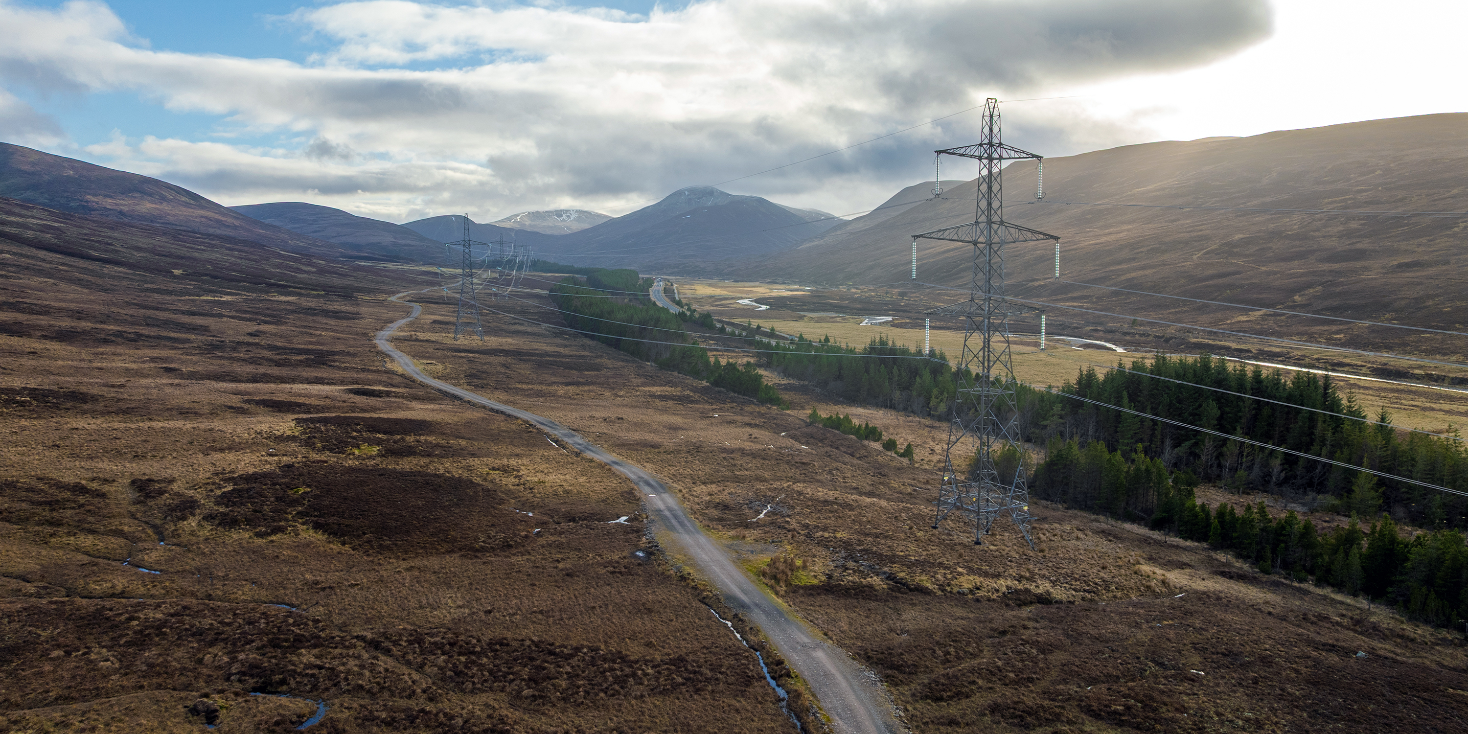 Electricity transmission towers crossing a Highland valley in Scotland.